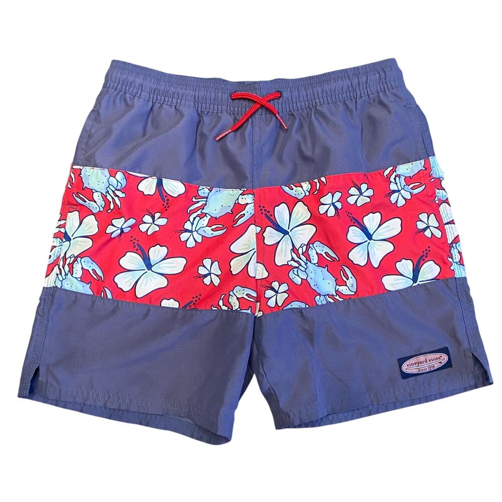 Vineyard Vines Swim Trunks Boy Sz M Blue Mesh Lined Pockets Crab Print